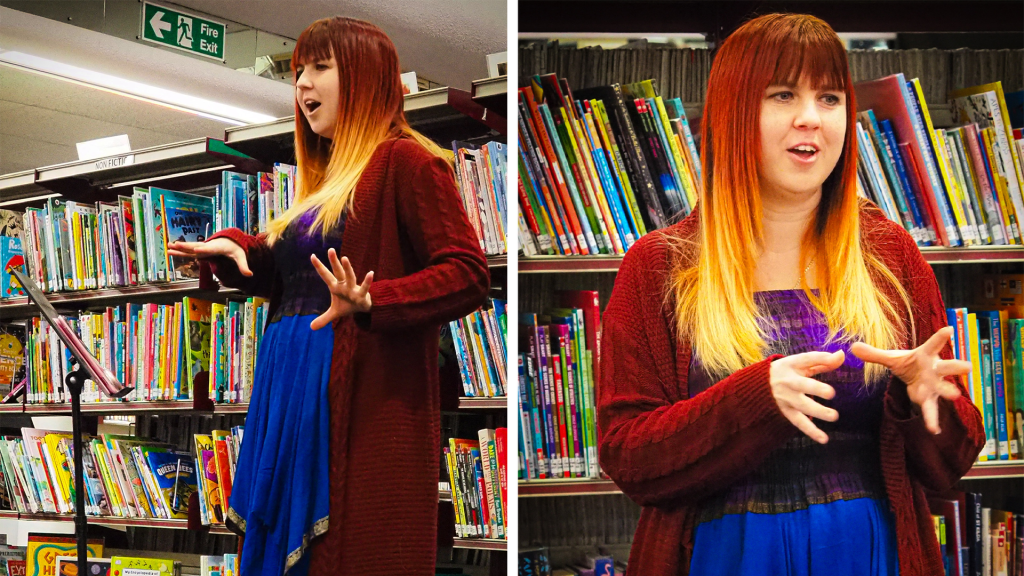 Emilie Lauren Jones at the launch of her new poetry book performing.